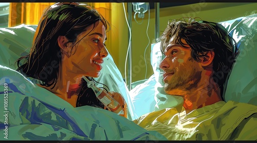 In a hospital room, a nurse adjusts an IV drip while offering comforting words to a patient in bed. The atmosphere is calm and compassionate, with the nurse focused on providing the best care possible photo