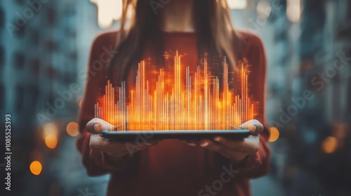 A person holds a tablet displaying vibrant sound wave graphics in an urban setting.