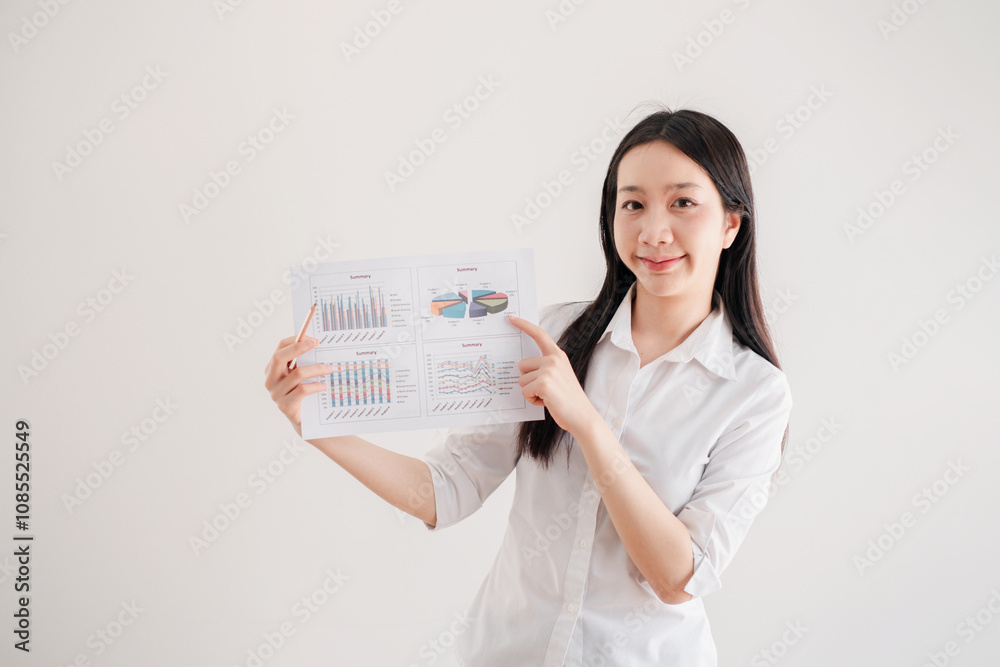 Confident Businesswoman Presenting Financial Charts and Graphs on White Background for Corporate Presentation Confident Businesswoman Presenting Financial Charts and Graphs on White Background for Corporate Presentation