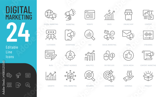 Digital Marketing Line Editable Icons set. Vector illustration in modern thin line style of advertisement related icons: online shop, content, streaming, and more.