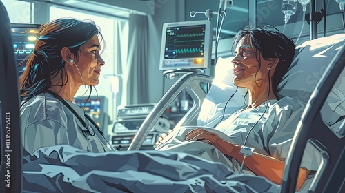 In a hospital room, a nurse adjusts an IV drip while offering comforting words to a patient in bed. The atmosphere is calm and compassionate, with the nurse focused on providing the best care possible photo