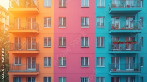 Vibrant Apartment Facade Showcasing Colorful Exteriors with Balconies and Modern Windows in Urban Setting During Golden Hour Light