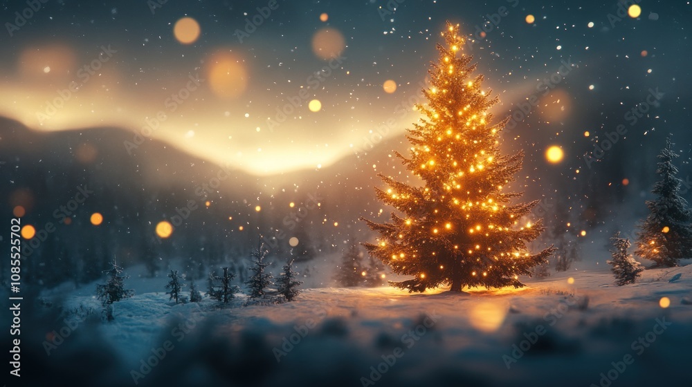 Snowy landscape with a decorated Christmas tree. Snowy landscape with a decorated Christmas tree.