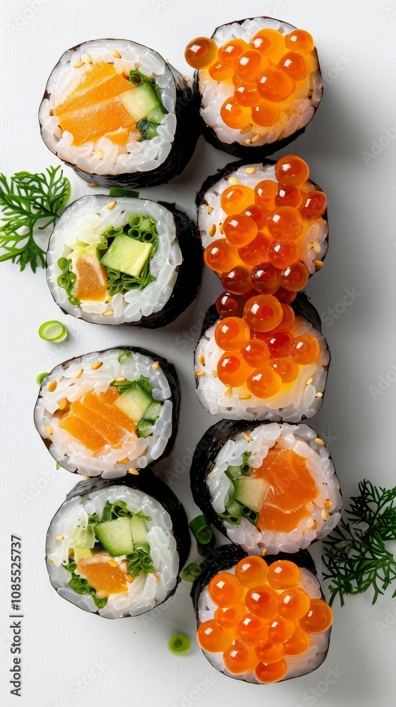An assortment of nigiri sushi and maki sushi, topped with salmon, avocado, cucumber, and tobiko. The sushi is arranged on a white plate and garnished with dill and green onions. An assortment of nigiri sushi and maki sushi, topped with salmon, avocado, cucumber, and tobiko. The sushi is arranged on a white plate and garnished with dill and green onions.