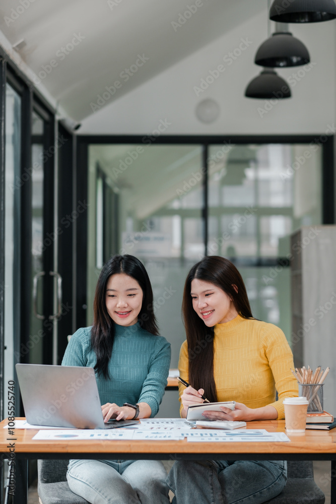 ** Two Young Women Collaborating in a Modern Office Setting with Laptops and Notebooks, Engaged in Creative Work and Brainstorming Ideas..** ** Two Young Women Collaborating in a Modern Office Setting with Laptops and Notebooks, Engaged in Creative Work and Brainstorming Ideas..**