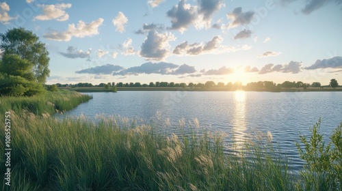 Serene Evening Landscape with Calm Water Reflection and Lush Greenery Illuminated by a Golden Sunset Over a Tranquil Sky Filled with Fluffy Clouds