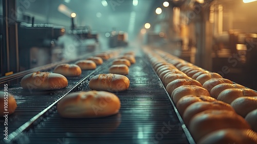 Conveyor belt in a modern bakery with rows of freshly baked bread rolls, machinery whirring in the background. photo