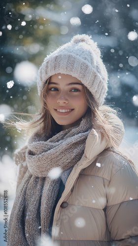 A young woman in winter clothing with a cozy knitted scarf and hat, surrounded by falling snow. photo