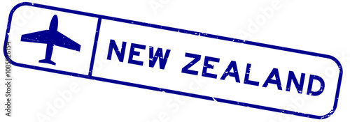 Grunge blue new zealand word with plane icon square rubber seal stamp on white background