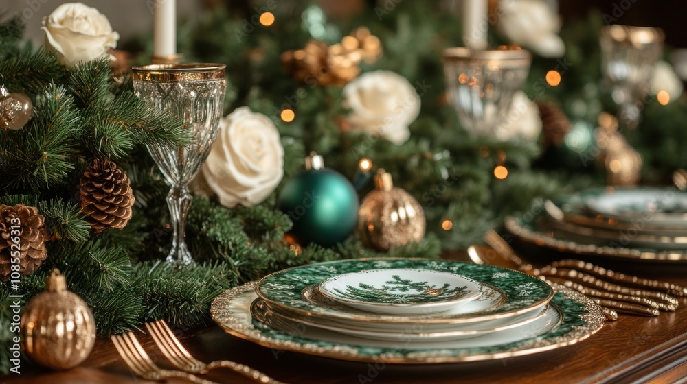 Naklejka premium Elegant Christmas Table Setting with Green and Gold Dinnerware, Festive Garland, and Pinecone Accents