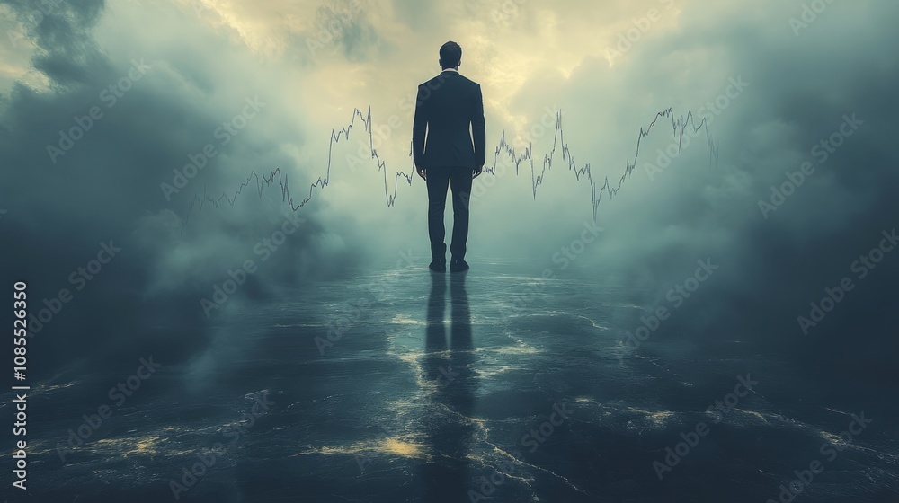 A silhouetted figure stands amidst clouds with a fluctuating graph, symbolizing market trends. A silhouetted figure stands amidst clouds with a fluctuating graph, symbolizing market trends.