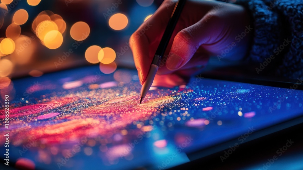 Hand drawing on a tablet with colorful lights. Hand drawing on a tablet with colorful lights.