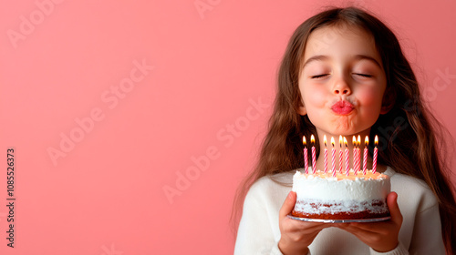 Girl blowing out candles on a birthday cake against pink background. photo