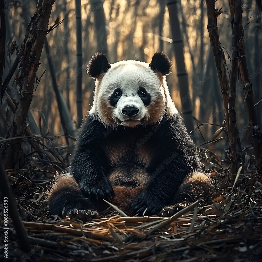 Fototapeta premium Gaunt Panda in Deforested Habitat Surrounded by Fallen Bamboo Threat to Food Source