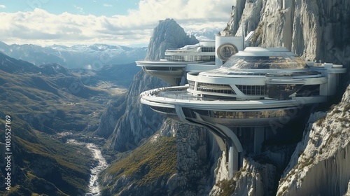 A futuristic space station perches on the edge of an ancient mountain range, with sleek white and silver architecture that blends seamlessly into its surroundings photo