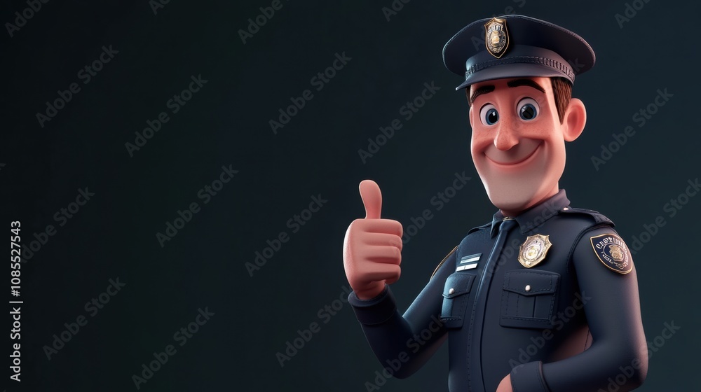 Cartoon Police Officer Giving Thumbs Up with Friendly Smile in Full Uniform in a Vibrant Background Perfect for Community Safety Themes Cartoon Police Officer Giving Thumbs Up with Friendly Smile in Full Uniform in a Vibrant Background Perfect for Community Safety Themes