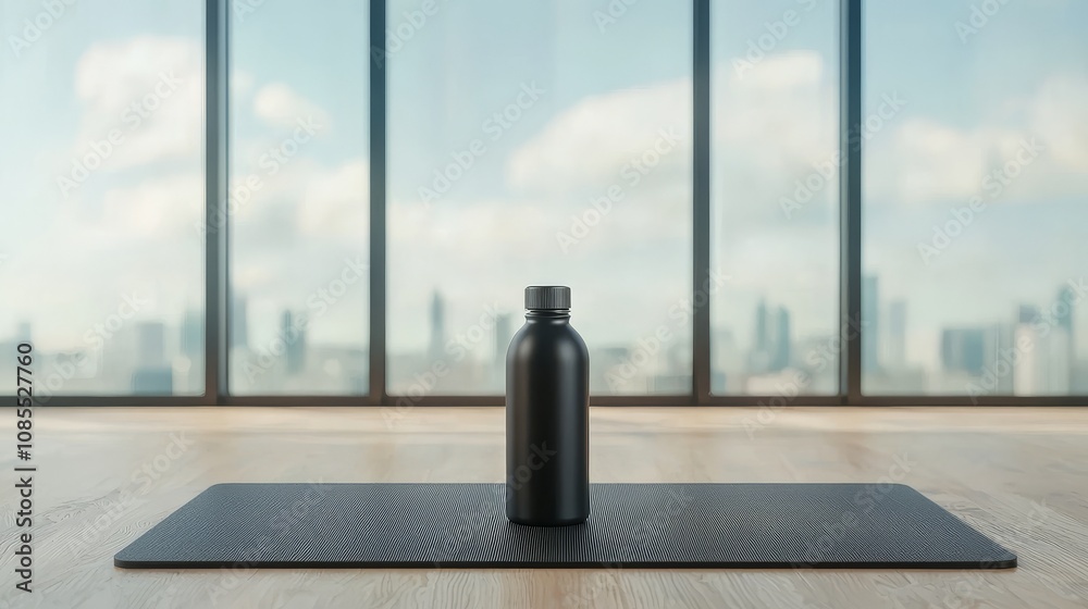 self care concept. Water bottle on yoga mat with city skyline in background self care concept. Water bottle on yoga mat with city skyline in background