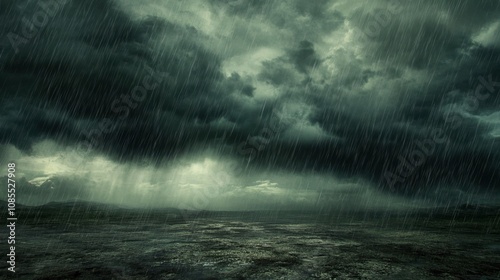 Dramatic Dark Storm Clouds Over Water with Heavy Rain and Grey Skies Creating an Ominous Atmosphere and Nature's Raw Power in an Intense Weather Scene