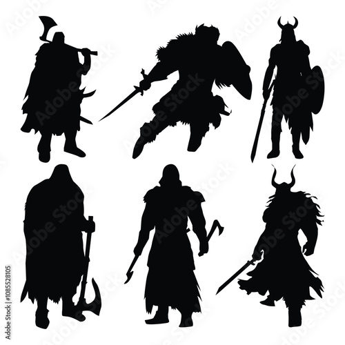 Set of silhouettes of viking warriors - vector illustration with white background Vol 03