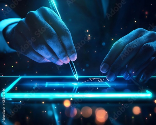 Futuristic Business Loan Application Reviewed on Tablet with Holographic Signature