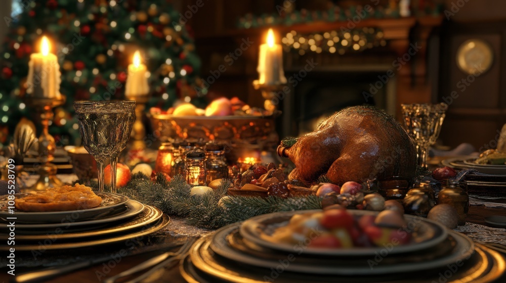 Festive Holiday Dinner Table with Turkey and Decorated Christmas Tree, Candlelight Atmosphere and Abundant Feast for Family Gathering and Celebration Festive Holiday Dinner Table with Turkey and Decorated Christmas Tree, Candlelight Atmosphere and Abundant Feast for Family Gathering and Celebration