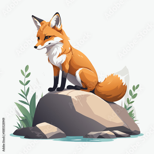 Stylized vector illustration of a fox sitting confidently on a rock with greenery photo