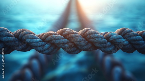 Close-up of intertwined rope against a tranquil water background, suggesting strength and connection.