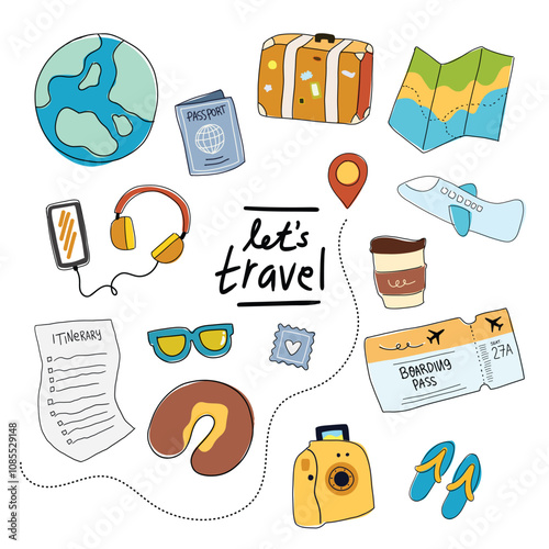 Travel elements set airplane ticket map suitcase doodle cute