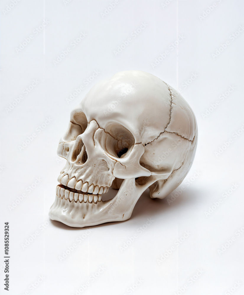 A white skull on a white background. A model of the bones of the human head, perhaps for educational or artistic purposes. A white skull on a white background. A model of the bones of the human head, perhaps for educational or artistic purposes.