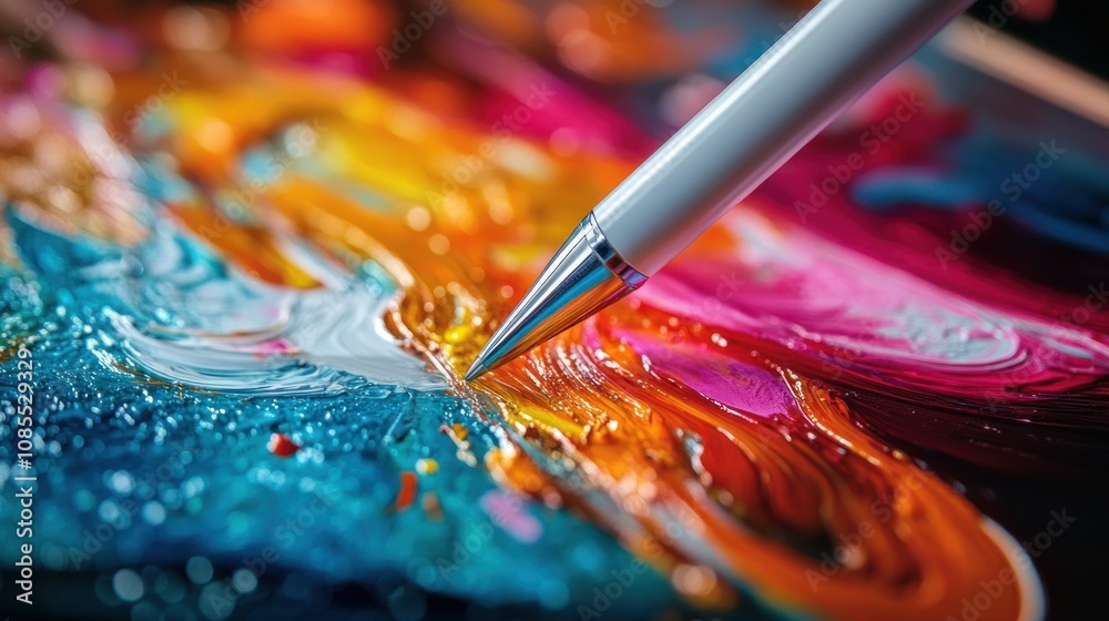 Fototapeta premium Colorful paint swirls with a pen in focus.