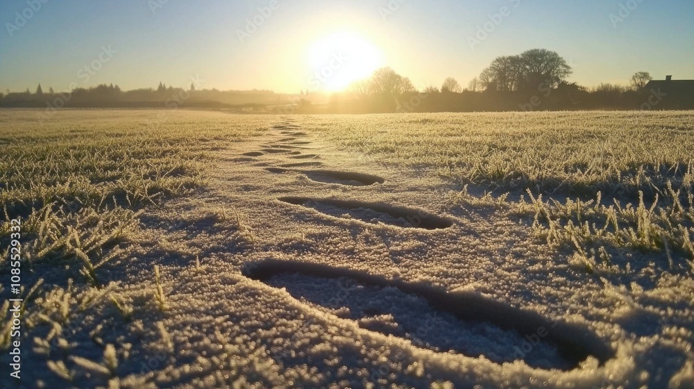 Tranquil Frosty Morning with Footprints Leading into Sunrise Over a Frozen Field Surrounded by Trees and a Clear Blue Sky