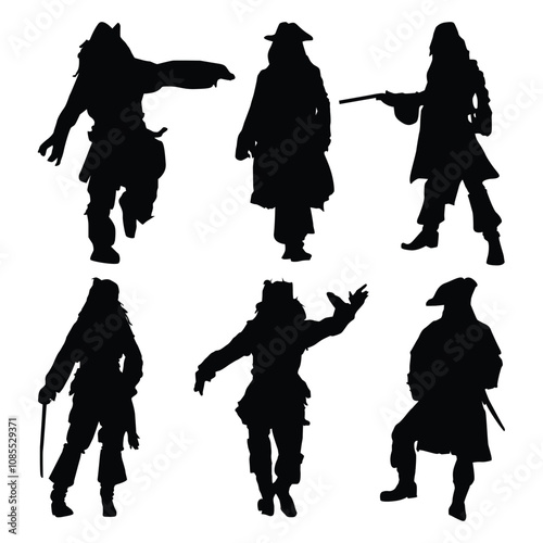 Pirates Silhouette: Swashbuckling Buccaneers, Adventure Concept, Treasure Hunt,Flat Vector Illustration