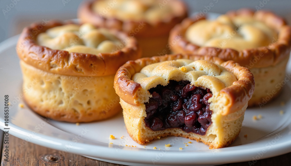 Traditional mince pies with festive red berries Traditional mince pies with festive red berries
