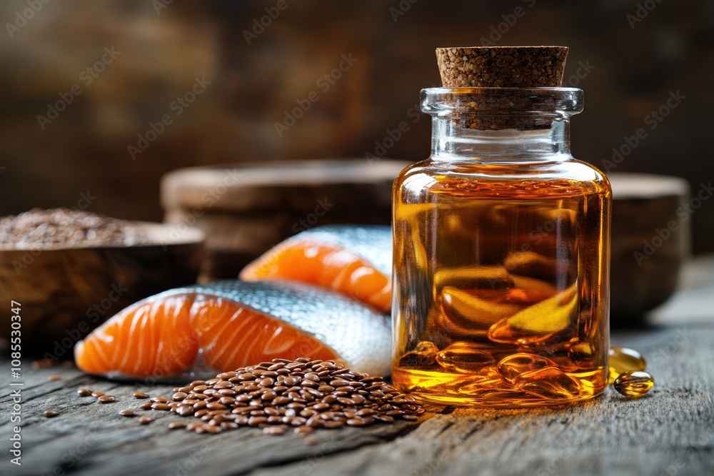 Salmon, oil, and seeds on a rustic wooden surface. Salmon, oil, and seeds on a rustic wooden surface.