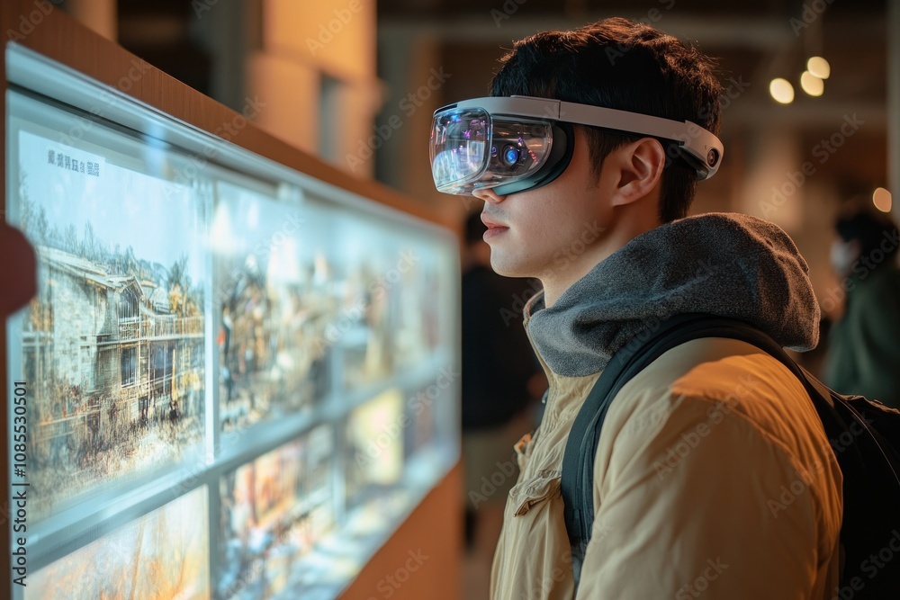 Person using VR headset in an exhibition space. Person using VR headset in an exhibition space.