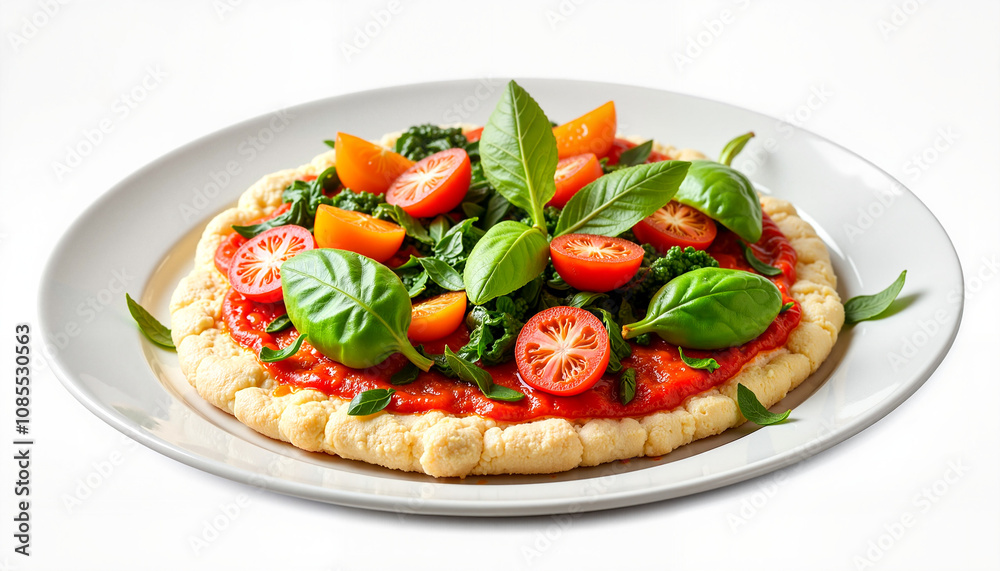 Spinach pancakes with fresh tomato and basil topping Spinach pancakes with fresh tomato and basil topping