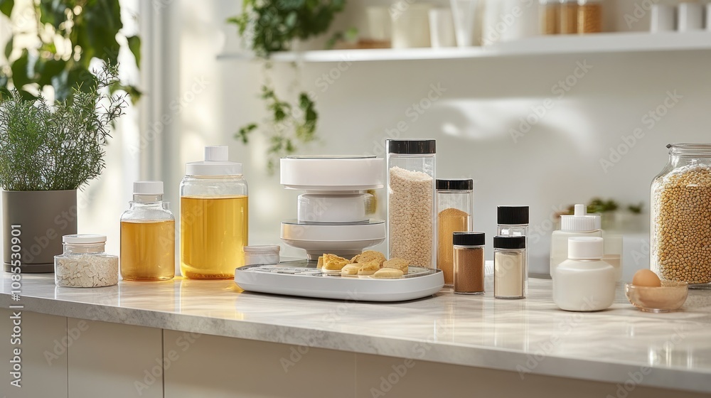 Kitchen countertop with various food storage items. Kitchen countertop with various food storage items.