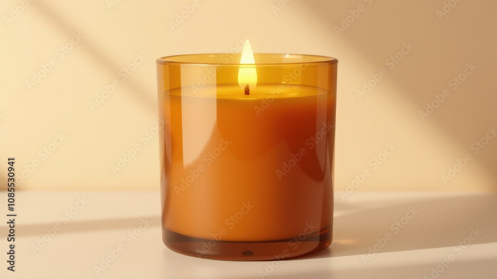 High-quality candle packaging mockup showcasing an amber candle in a glossy glass jar with blank labels for eco-friendly branding. High-quality candle packaging mockup showcasing an amber candle in a glossy glass jar with blank labels for eco-friendly branding.
