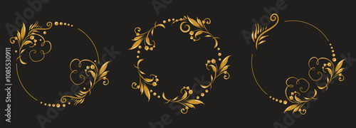 Set of Beautiful floral round frames with vignettes. Slavic old Russian patterns. Design of wedding invitations, anniversaries, congratulations. Vector isolated border.