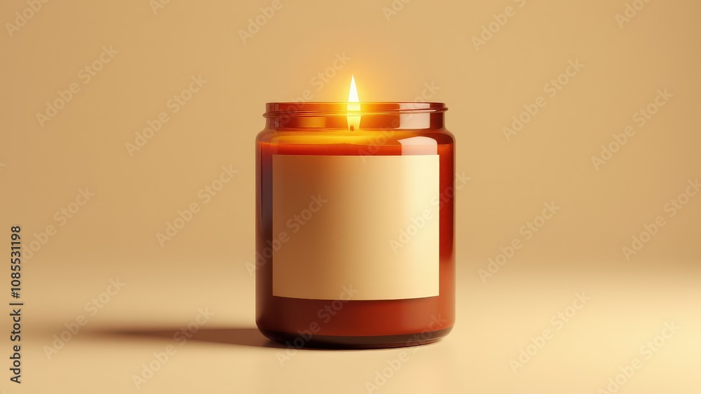 Stylish candle mockup template with an amber glass jar, warm glow, and blank label area for custom branding on a neutral background.