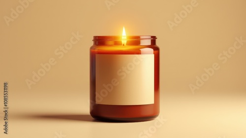 Obraz na płótnie Stylish candle mockup template with an amber glass jar, warm glow, and blank label area for custom branding on a neutral background. w salonie