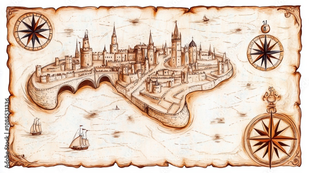 Fototapeta premium An antique-style map depicting a coastal city with a prominent skyline, surrounded by water and adorned with navigational compasses.