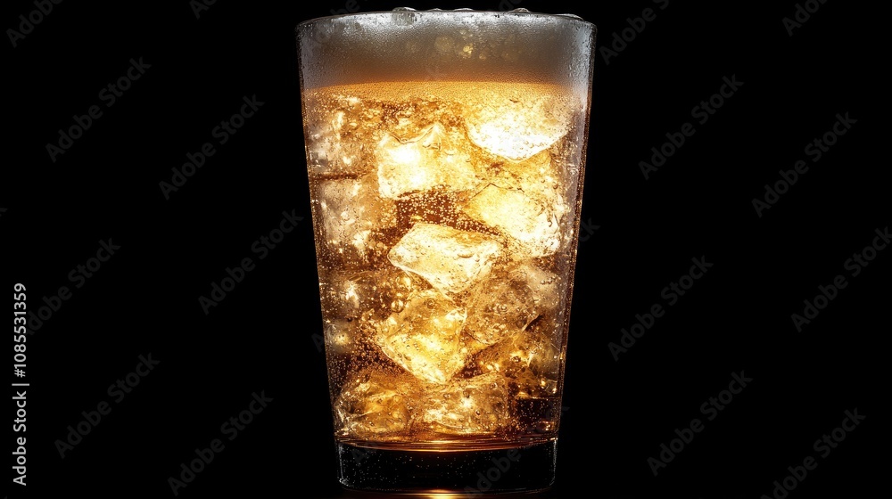 Refreshing Golden Drink with Ice Cubes and Bubbles in a Clear Glass Against a Dark Background Perfect for Beverage Promotions or Summer Themes Refreshing Golden Drink with Ice Cubes and Bubbles in a Clear Glass Against a Dark Background Perfect for Beverage Promotions or Summer Themes