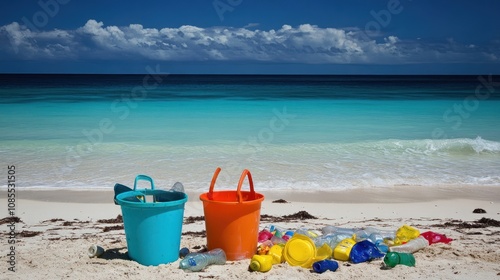 A beach scene showcasing plastic waste in buckets, highlighting environmental pollution.