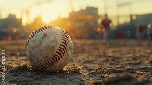 Close-up of worn leather baseball with red stitching on dirt ground, captured in golden hour light with blurred players background and dramatic atmosphere.