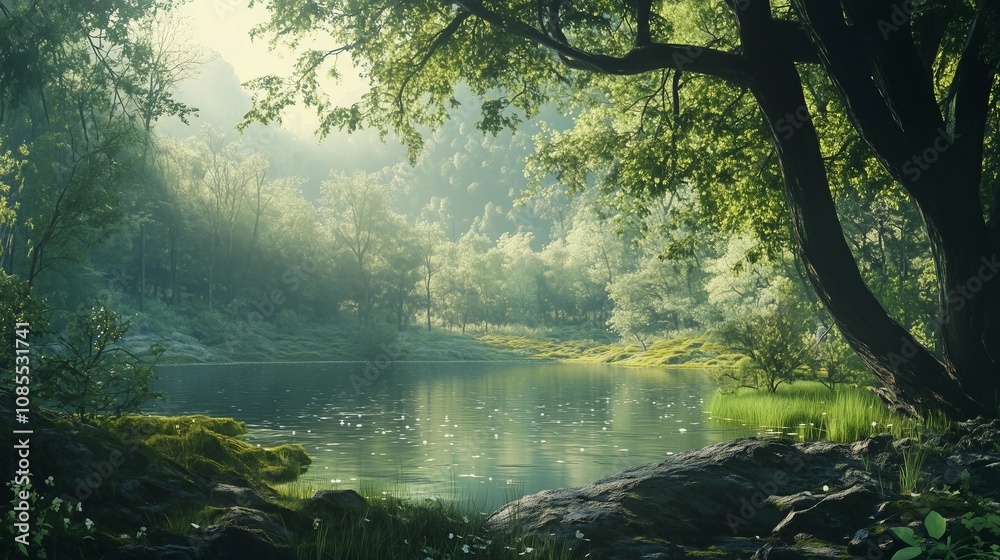 Fototapeta premium A serene forest scene with lush green trees, a peaceful lake reflecting the sky, and sunlight filtering through leaves creating dappled light on the ground