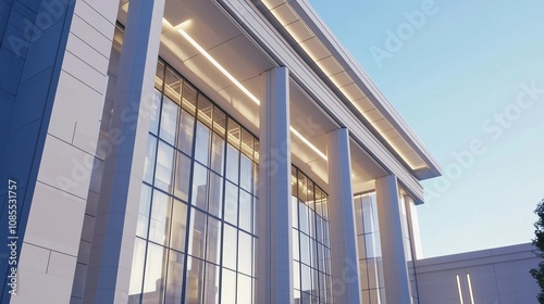 Modern minimalist style, white modern architecture with classical columns and eaves at the entrance of an office building in China. The glass curtain wall is illuminated photo