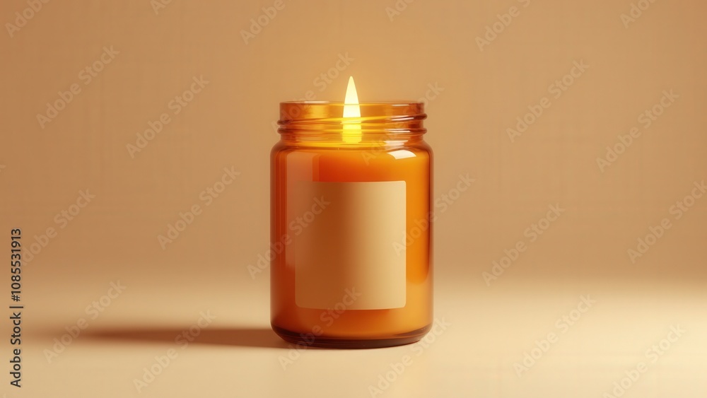 Elegant candle jar mockup with a warm amber glow, transparent glass, and blank label area for custom logo designs. Elegant candle jar mockup with a warm amber glow, transparent glass, and blank label area for custom logo designs.