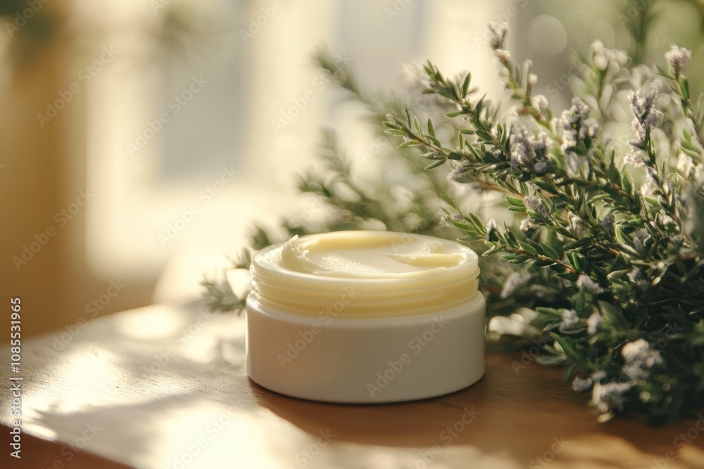 Cream container beside greenery in soft lighting. Cream container beside greenery in soft lighting.