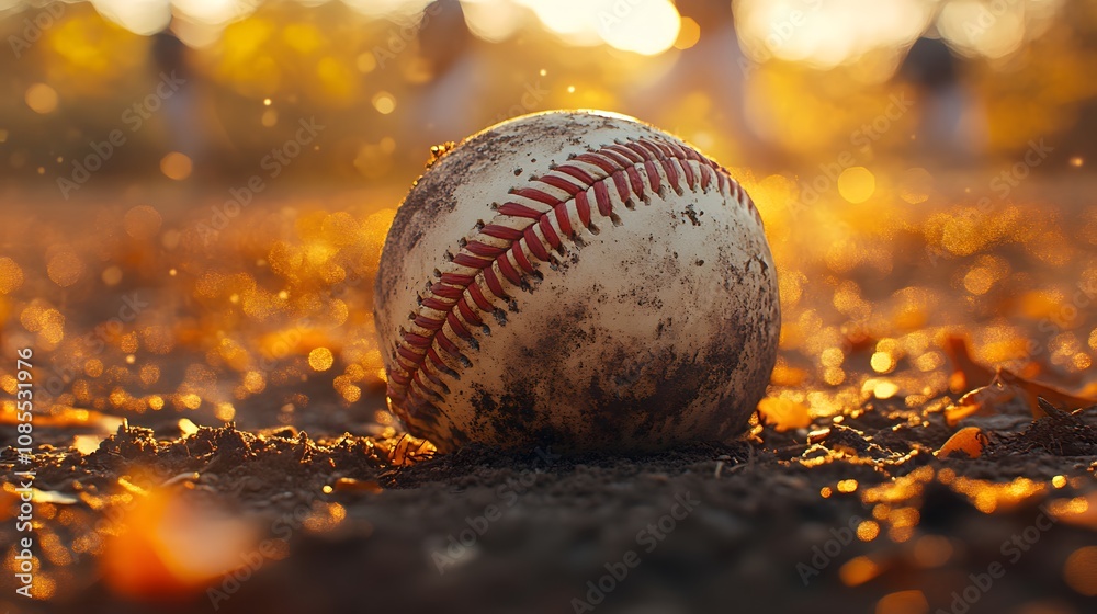 Close-up of worn leather baseball with red stitching on dirt ground, captured in golden hour light with blurred players background and dramatic atmosphere. Close-up of worn leather baseball with red stitching on dirt ground, captured in golden hour light with blurred players background and dramatic atmosphere.